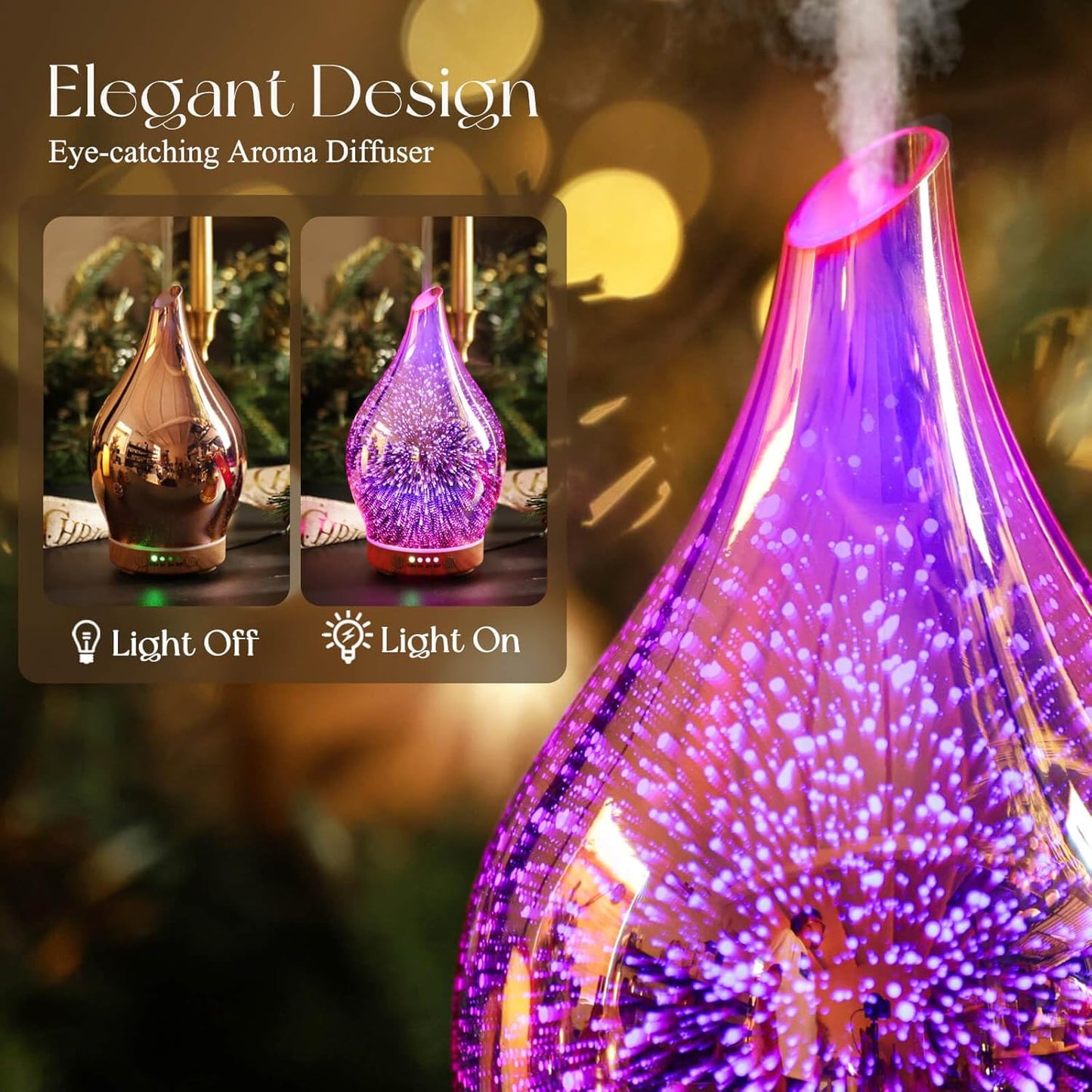 Essential Oil Diffuser 3D Firework Glass Aromatherapy Ultrasonic Humidifier Rose Gold, Auto Shut-Off, Timer Setting, BPA Free, Aroma Decoration for Home, Office, Gym, Spa, Premium Gift 100Ml