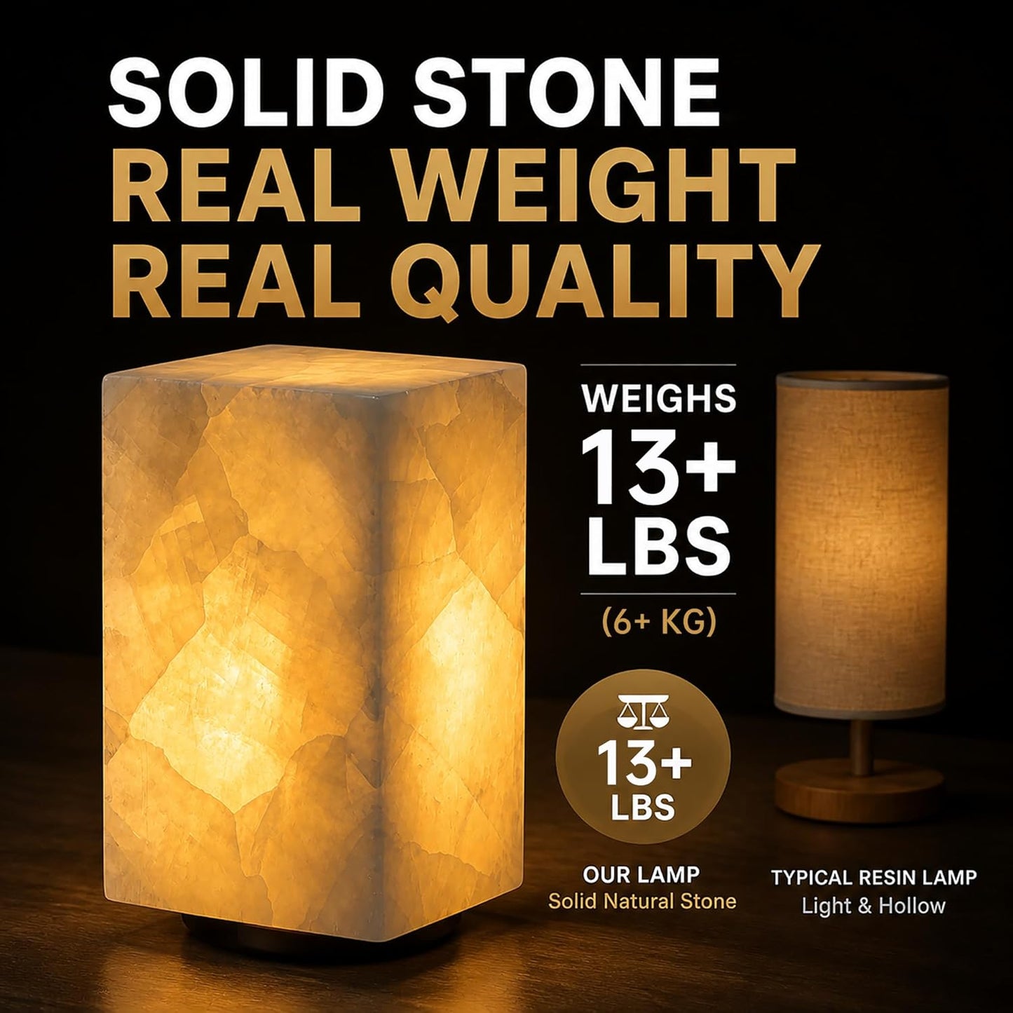Natural Solid Stone Table Lamp with One-Of-A-Kind Crystal Texture, Small Accent Lamp with 3 Colors Dimmable LED, Unique Lamp for Bedroom Living Room, Cuboid White