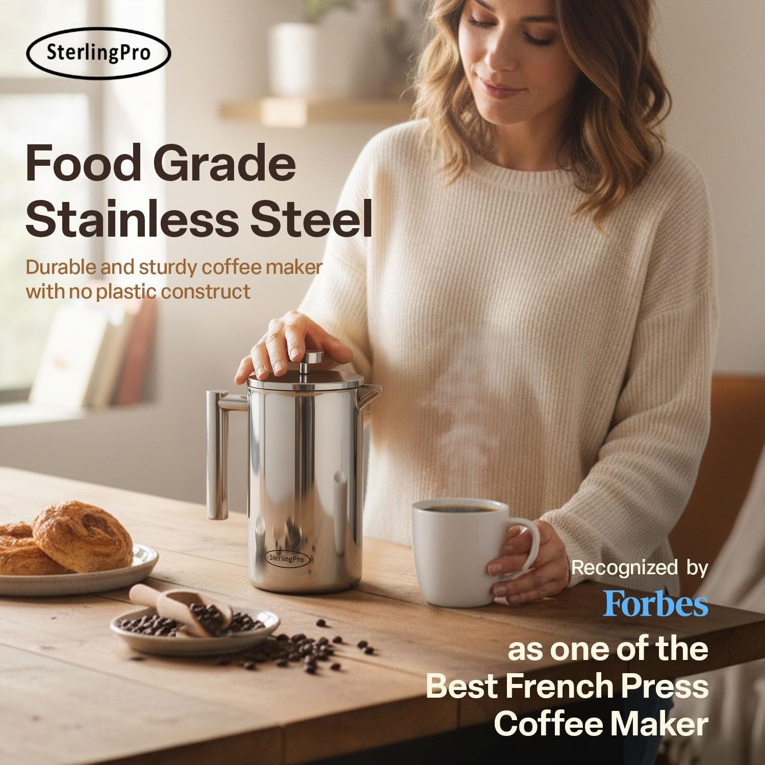 French Press Coffee Maker(1.75L)-Double Walled Large Coffee Press with 2 Free Filters-Enjoy Granule-Free Coffee Guaranteed, Stylish Rust Free Kitchen Accessory-Stainless Steel French Press